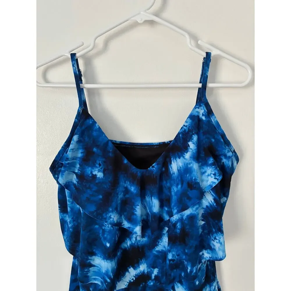 Aqua Green Blue Tie Dye Layered V-Neck Tankini Built In Shelf Bra Size L